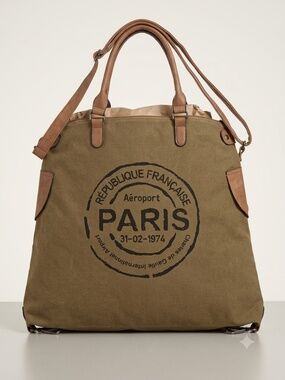 NWOT Vintage Paris Passport Stamp Canvas Tote in Olive Green